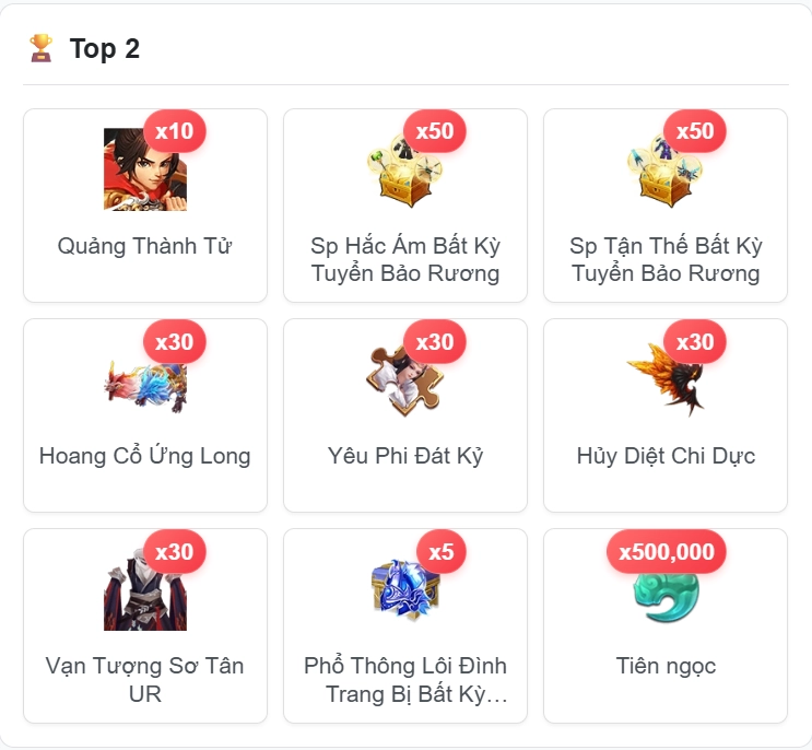 Quà Top 2 Tài Phú Lần 1 Game Kiếm Tiên H5
