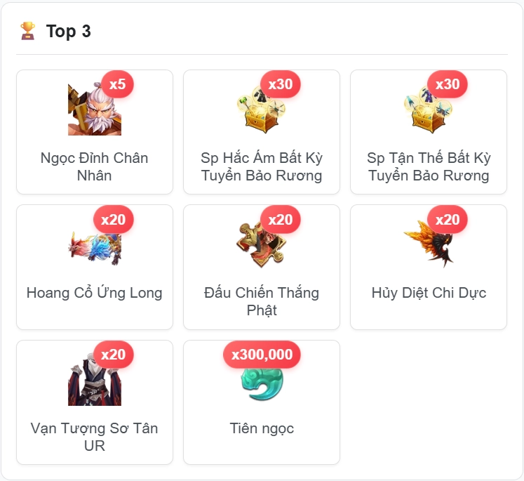 Quà Top 3 Tài Phú Lần 1 Game Kiếm Tiên H5
