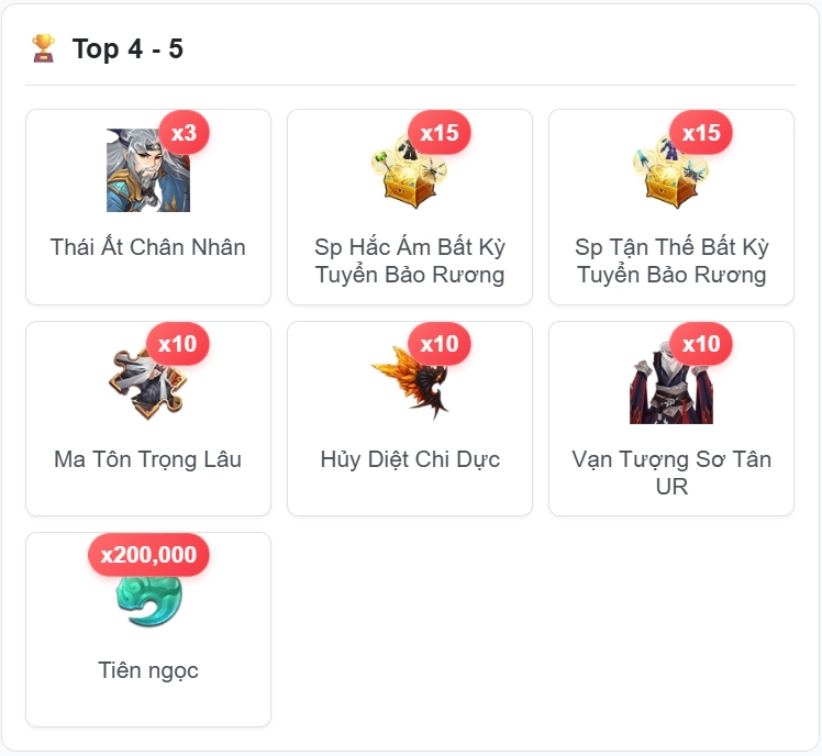 Quà Top 4-5 Tài Phú Lần 1 Game Kiếm Tiên H5