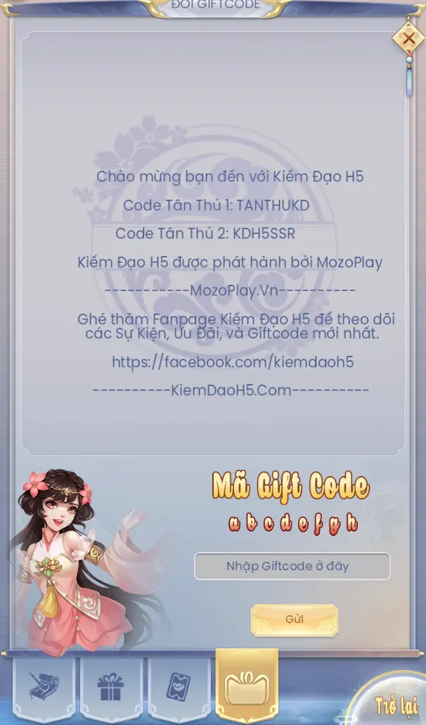 Giao diện nhập code tại mục Phúc lợi trong game Kiếm Đạo H5