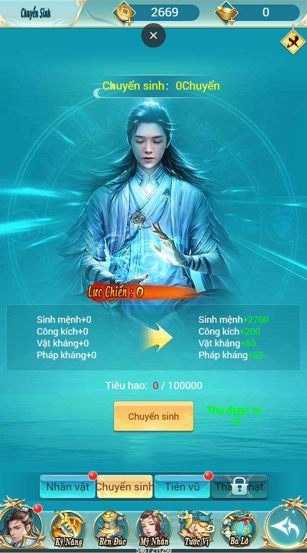 Giao diện tính năng chuyển sinh game Tam Giới H5