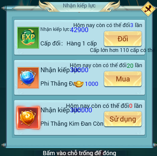 Giao diện đổii kiếp lực phi thăng game tam giới h5