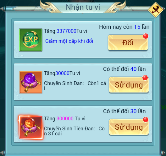 Giao diện đổi tu vi chuyển sinh game tam giới h5