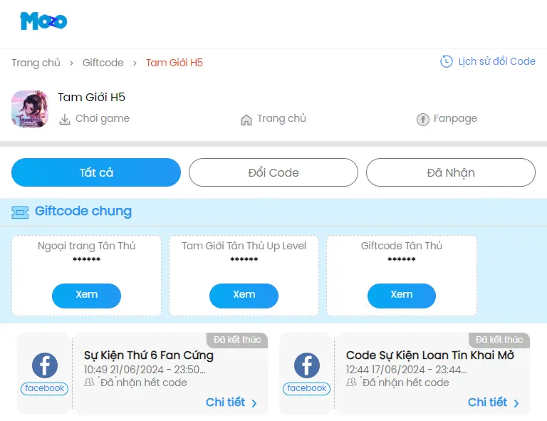 Giao diện săn code Game Tam Giới H5 - Mozoplay